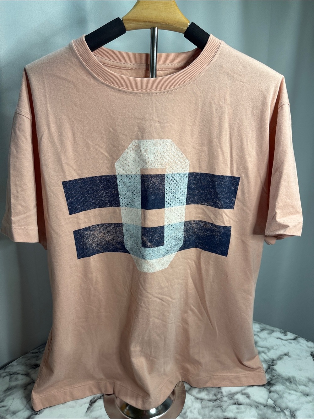 Original Use Peach Short Sleeve Tee with Navy and White Graphic